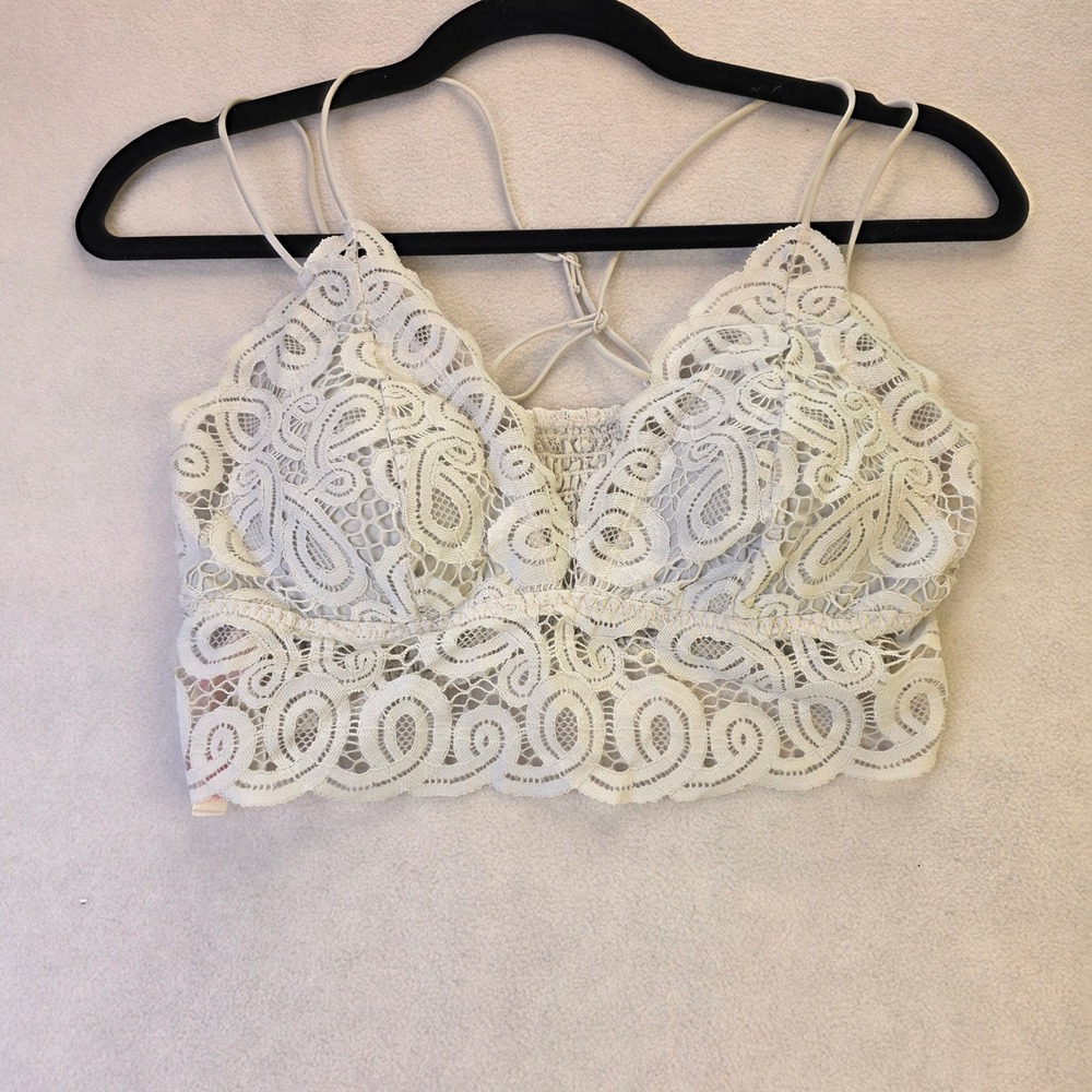 Victorias Secret PINK Ivory Lace Bralette Smocked Back Crop Top L Coquette Girl